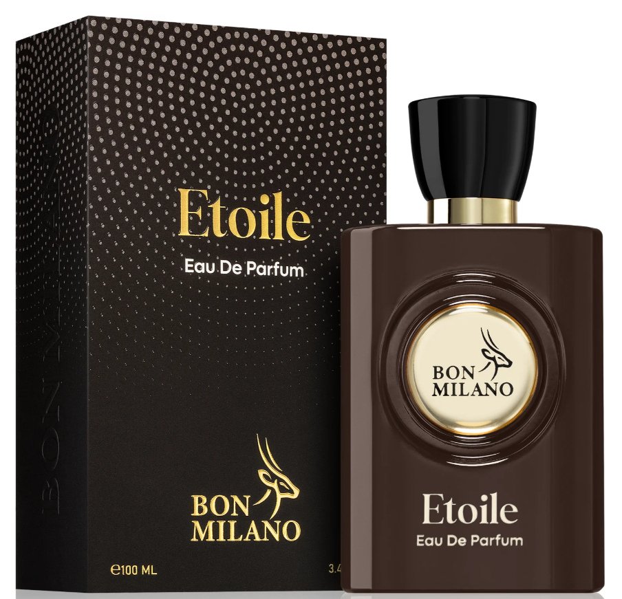 Bon Milano Etoile perfume in dark brown and golden yellow bottle, made with fragrance oils, soft romantic aroma for women, luxury women perfume by Innopick.