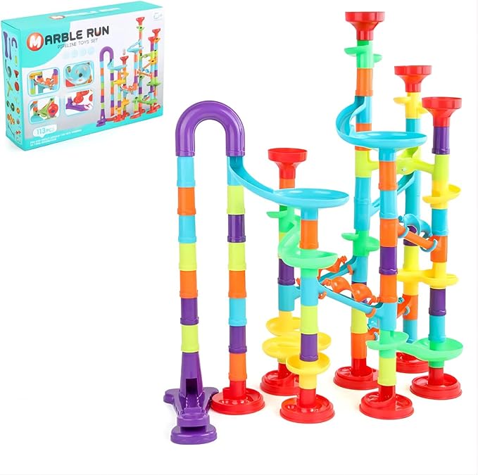 Marble track blocks in red, bright blue, bright green, and white with metal connectors, fun marble run building for kids, creative play set by Innopick.