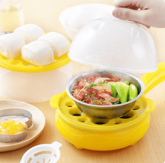 Multi-functional egg boiler in yellow with silicone seals, quick egg cooking, perfect for breakfast lovers, electric egg boiler by Innopick.