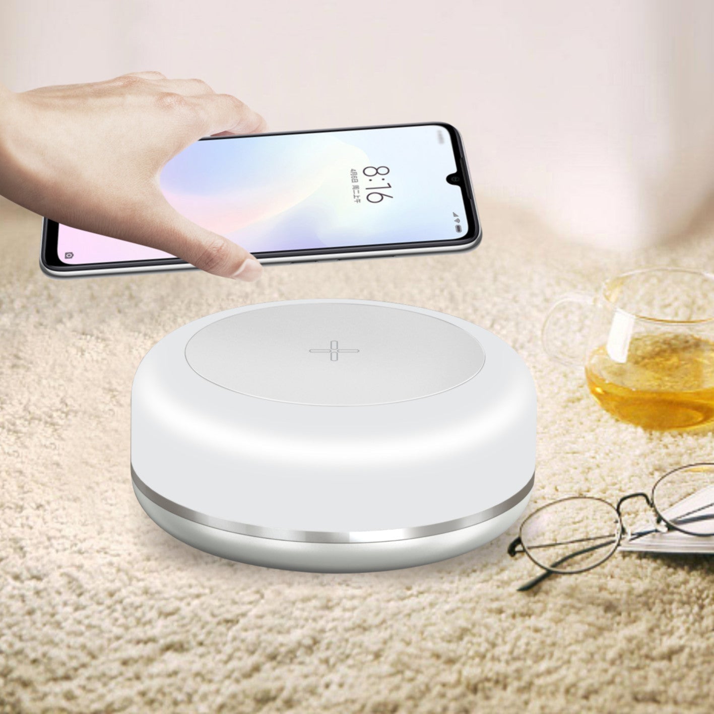 New wireless charger with atmosphere LED night light in white, silver, yellow, and purple colors, featuring wireless charging and LED strip lighting, perfect for gadget lovers, wireless charger lamp by Innopick