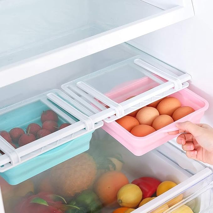 Refrigerator storage box in pastel pink, light green, brown, and yellow with transparent lid, organized fridge storage, perfect for kitchen organizers, refrigerator organizer box by Innopick.