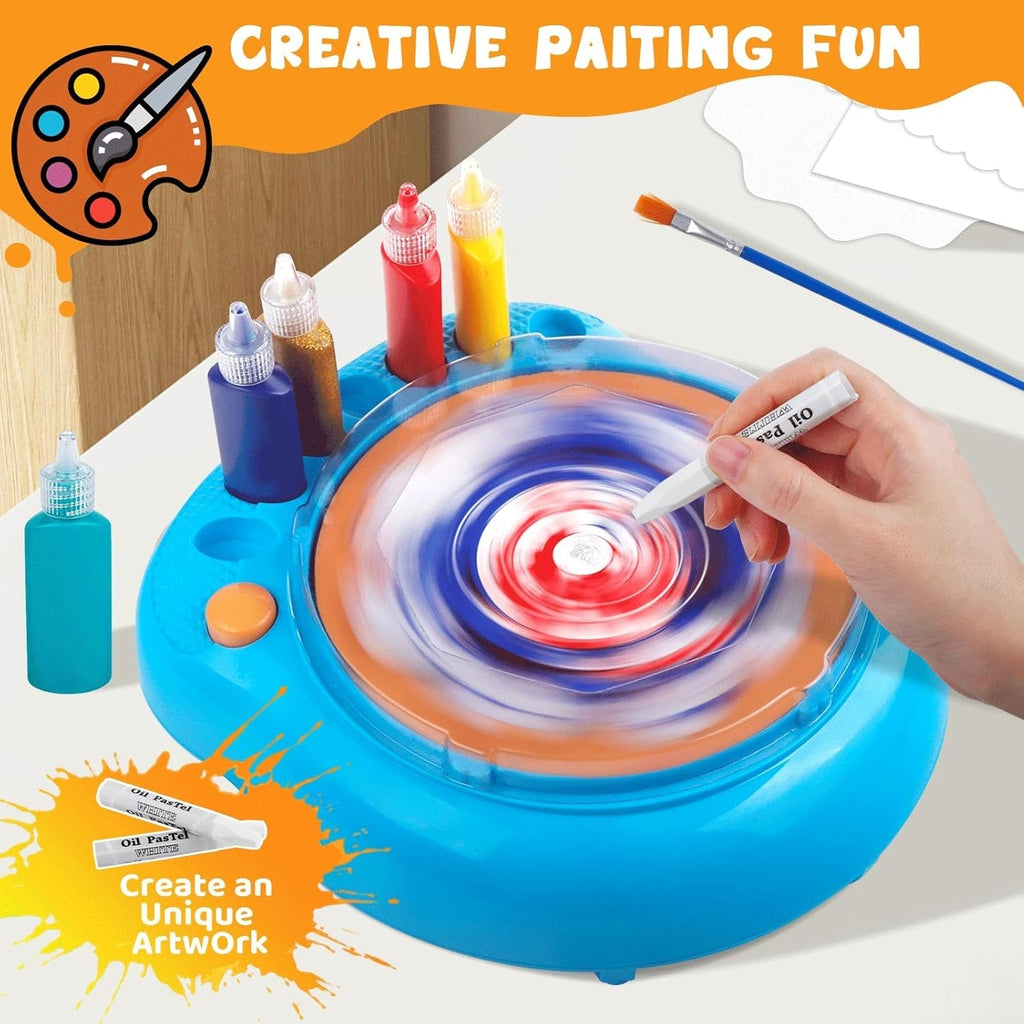 Spin Art Painting Machine in bright blue, orange-red, yellow, and dark turquoise colors, with metal spinning mechanism, portable and lightweight design for kids and teenagers, creative art machine by Innopick.