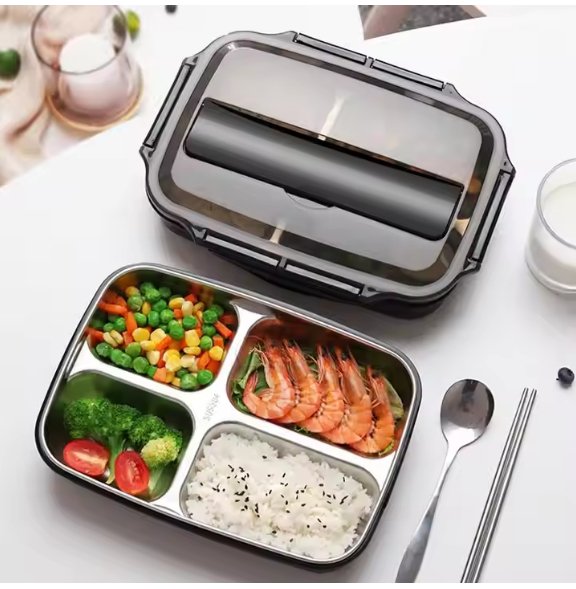 Stainless lunch box in dark grey stainless steel, keeps food fresh, ideal for office workers and students, stainless steel lunch box by Innopick.