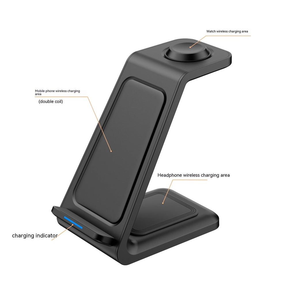 Three-in-one wireless charger in black ABS plastic, fast wireless charging desktop vertical design, perfect for gadget lovers, fast charging dock by Innopick.