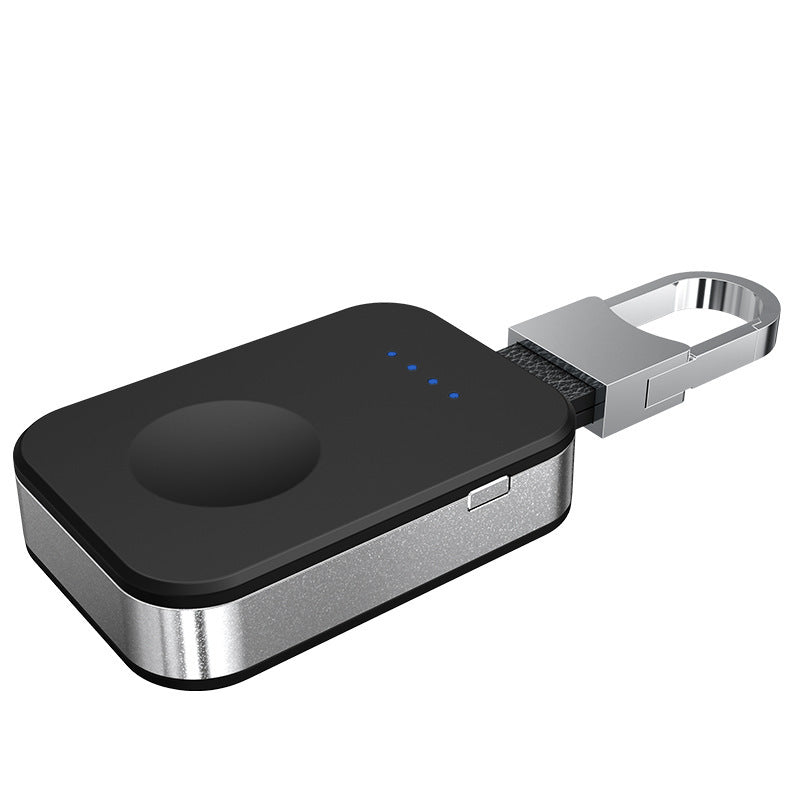 Wireless charging mobile power supply for magnetic mini watch in silver and black aluminum alloy, featuring magnetic wireless charging, perfect for gadget lovers, mini watch charger by Innopick.
